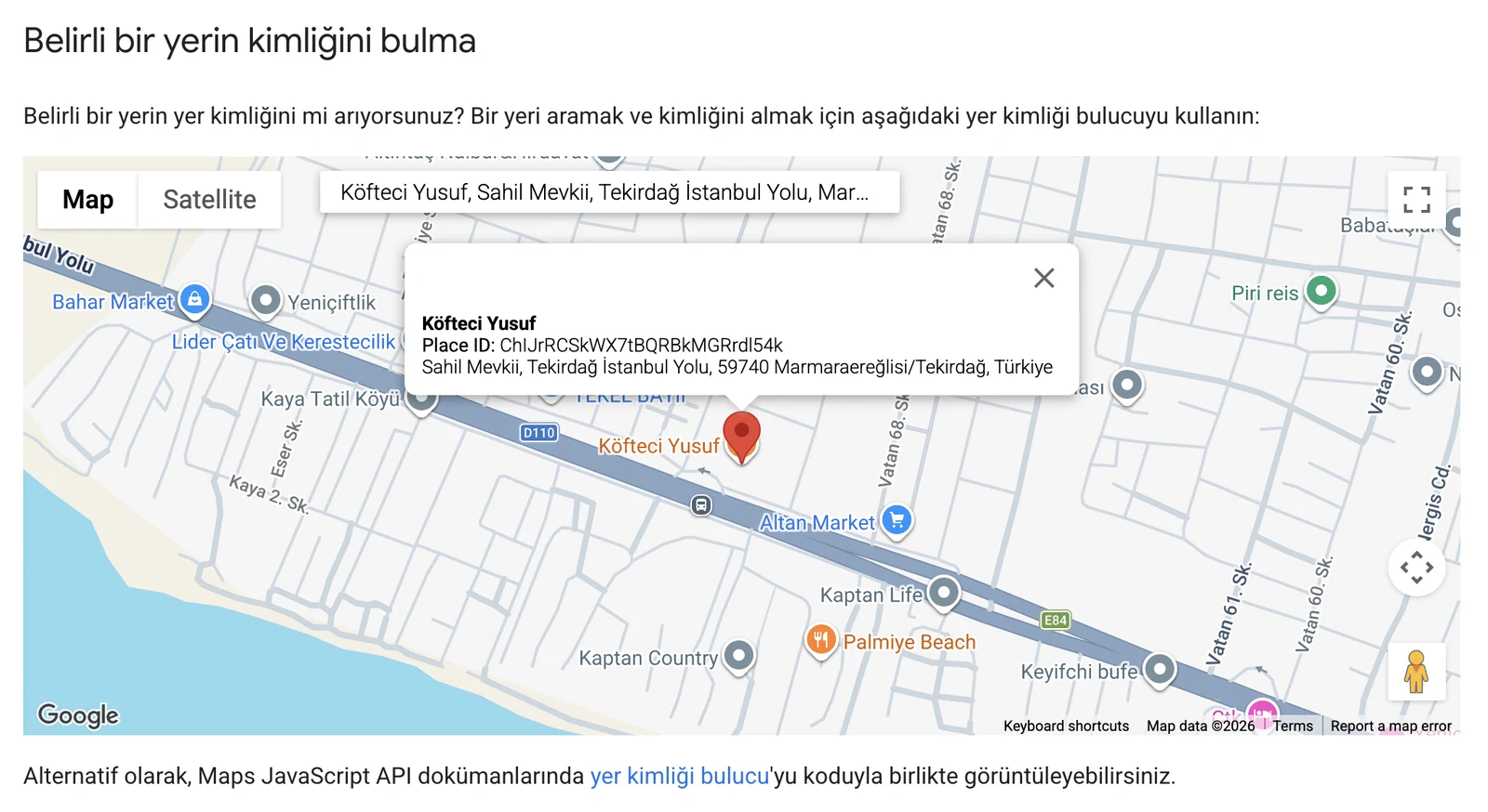 Google Yer Kimliği Bulucu ekranı: haritada seçilen işletmenin üstünde açılan kutuda işletme adı, Place ID ile başlayan kimlik dizisi ve açık adres görünüyor.