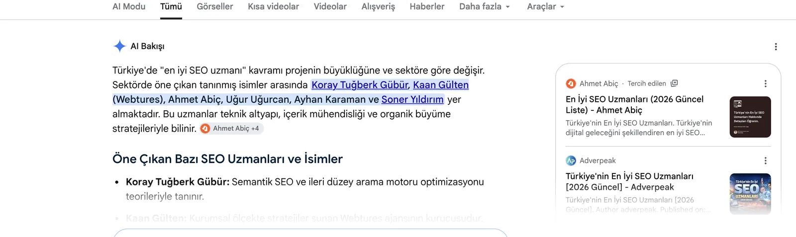 Google'ın 'en iyi seo uzmanları' aramasına verdiği yapay zekâ özeti; öne çıkan isimler arasında Ahmet Abiç geçiyor ve kaynaklar panelinde kendi sayfası listeleniyor.